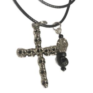 💀 skulls cross necklace w black cord added stone handmade pin pendant.